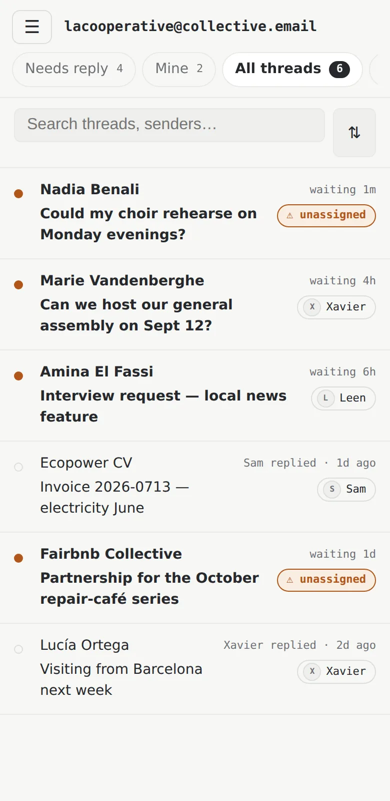 The shared inbox on a phone: threads waiting for a reply on top with assignees, answered ones below with who replied.