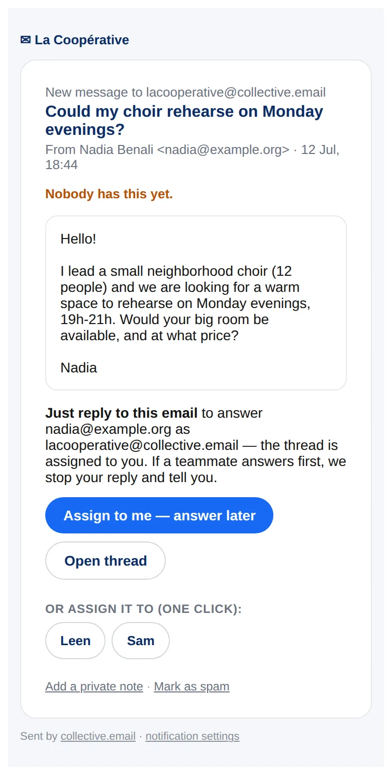 The notification email: just reply to answer, assign to me, one-click assign to Leen or Sam, add a private note or mark as spam.